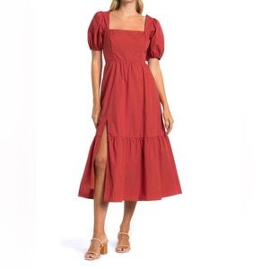 ASTR the Label Poplin Puff Sleeve Tiered Midi Dress - Rust , Size 12